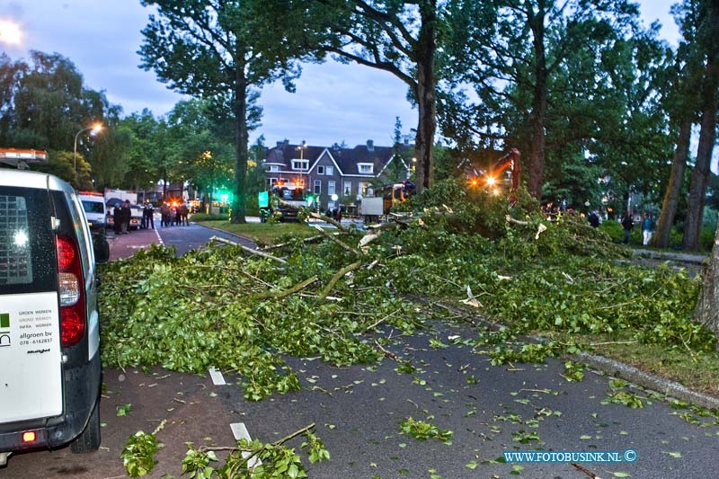 14051102.jpg - FOTOOPDRACHT:Dordrecht: 11-05-2014:De storm heeft dit weekend veel bomen het leven gekost, zo ook nog zondag avond aan de Mauritsweg te Dordrecht, waar de weg enkelen uren werd afgesloten en auto werden weg gehaald omdat er een boom van 25 meter was ingescheurd en dreigde om te vallen. De brandweer en de bomenploeg haalde de boom neer en zaagde hem in stukken. Deze digitale foto blijft eigendom van FOTOPERSBURO BUSINK. Wij hanteren de voorwaarden van het N.V.F. en N.V.J. Gebruik van deze foto impliceert dat u bekend bent  en akkoord gaat met deze voorwaarden bij publicatie.EB/ETIENNE BUSINK