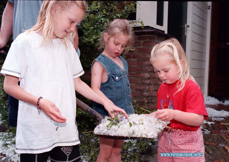 98060716.jpg - WFA;HENDRIK IDO AMBACHT;NOODWEER;06-06-1998;Het noordweer van zaterdag namiddag heeft voor miljoenenschade aan gericht in h.i.ambacht en alblasserdam  ( ZH ).de hagelsteen waren zo groot als eieren en het water zorgde voor veel waterschade. de hagelstennen zorgde in de glas tuinbouw alleen al voor miljoenen aan glasschade en oostschade. ook raakt vele duizende auto's in beide plaatsen beschadigt door de ennorme hagelstennen.op de foto ; de bewonners van de panneboeter in h.i.a. ruimen de schade en de hagelstennen op. de jeugt bekijkt nog even de groote van de hagelstennen die vielen.EB/ETIENNE BUSINK