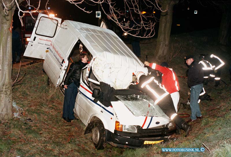 98112101.jpg - WFA :GORINCHEM:21-11-1998:BUSJE DOOR GLADHEID OM BOOM:IN GORINCHEM HEEFT DE BESTUURDER VAN DIT BUSJE RUIM 2 1/2 UUR BEKLED GEZETEN.DE 18 JARIGE INWONER VAN GROOT AMMERS HEEFT DIVERSE VERWONDINGEN EN ONDERKLOELING VERSCHIJNSELEN AAN DE AANRIJDING MET DE BOOM OVER GEHOUDEN DIT ONGEVAL GEBREUDE OP DE NIEUWE WOLPHERSEDIJK IN GORINCHEM.Deze digitale foto blijft eigendom van FOTOPERSBURO BUSINK. Wij hanteren de voorwaarden van het N.V.F. en N.V.J. Gebruik van deze foto impliceert dat u bekend bent  en akkoord gaat met deze voorwaarden bij publicatie.EB/ETIENNE BUSINK