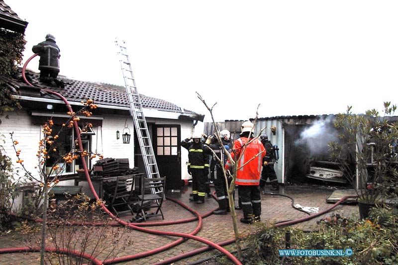 99111417.jpg - HET KONTACT :Schelluinen:14-11-1999:SCHUUR BRANDT UITGORINCHEM - Een schuur bij een woning aan de Parallelweg is zondagmorgen 14 november totaal uitgebrand. Door onbekende oorzaak vatte de schuur met daarin onder andere twee antieke auto's, een motorfiets vlam.  Al snel sloeg het vuur onder de dakpannen van de bijkeuken van de woning. De brandweer had het vuur snel onder controle, maar kon niet voorkomen dat de schuur volledig in de as werd gelegd. Ook de bijkeuken van de woning raakte flink beschadigd, met name door waterschade. Uit de woning kon politie en brandweer nog twee poezen en een hond redden. De brandweer haalde uit de brandende schuur een kooi met twee kaketoes, waarvan er een overleden was en een ander geschroeid was aan de rug. De dierenambulance heeft zich over de levende vogel ontfermd. In de schuur stond nog een kooi met een kaketoe. Ook deze vogel heeft de brand niet overleefd. De technische recherche zal maandag onderzoeken wat de oorzaak van de brand was.Deze digitale foto blijft eigendom van FOTOPERSBURO BUSINK. Wij hanteren de voorwaarden van het N.V.F. en N.V.J. Gebruik van deze foto impliceert dat u bekend bent  en akkoord gaat met deze voorwaarden bij publicatie.EB/ETIENNE BUSINK