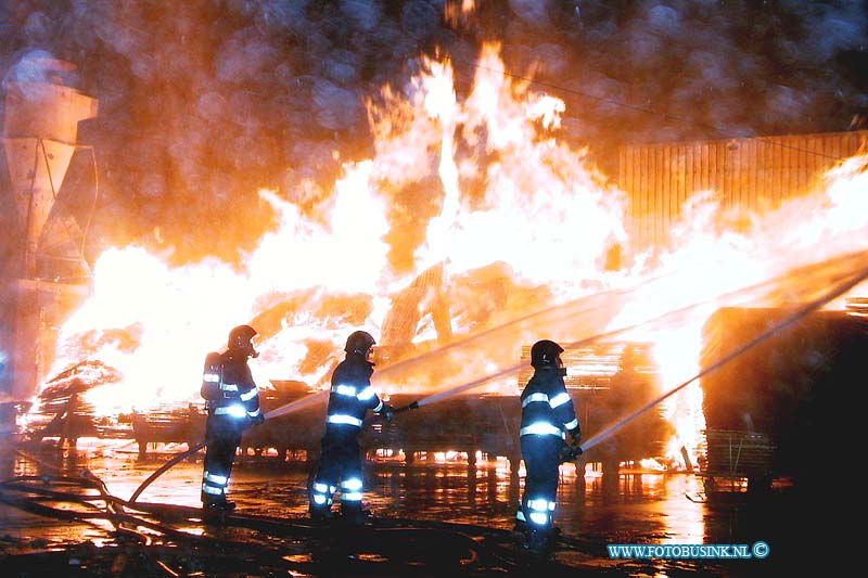 01010107.jpg - WFA :Hardingsveld giessendam:01-01-2001:Een houthandel aan de Rivierdijk te Hardinxveld-Giessendam brandde volledig uit. 50 brandweermannen waren vanaf 00.48 uur druk doende de heftige brand onder controle te krijgen. Omstreeks 04.00 werd het signaal ' brand meester' gegeven. Een verhuisbedrijf achter de houthandel liep water - en rookschade op. Het dak van een aangrenzende mallenmakerij vloog ook in brand.Omstreeks 01.00 uur brandde aan de Brandts Buysstraat " Nos Kas' uit. Er vielen geen slachtoffers. Nadere gegevens volgen.Deze digitale foto blijft eigendom van FOTOPERSBURO BUSINK. Wij hanteren de voorwaarden van het N.V.F. en N.V.J. Gebruik van deze foto impliceert dat u bekend bent  en akkoord gaat met deze voorwaarden bij publicatie.EB/ETIENNE BUSINK