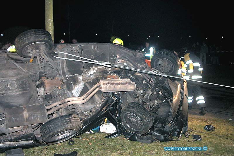 01011302.jpg - DE LOCOM :H.I.Ambacht:13-01-2001:AANRIJDING MET BEKNELLINGHENDRIK- IDO-AMBACHT - Een auto met twee inzittenden is zaterdagavond 13 januari op de Antoniuslaan tegen een boom gebotst. Rond 19.20 uur verloor de bestuurder door onbekende oorzaak de macht over het stuur en botste hij frontaal tegen een boom. Hierdoor brak de boom af. Het voertuig gleed door over het afgebroken deel, kantelde en kwam op zijn dak terecht. De twee slachtoffers raakten bekneld in de auto. De brandweer kon na ruim drie kwartier de 16-jarige jongen uit Hendrik-Ido-Ambacht bevrijden. Hij is met een beenfractuur overgebracht naar het Utrechts Medisch Centrum. Pas na twee uur kon het tweede slachtoffer, een 19-jarige inwoner van Hendrik-Ido-Ambacht, uit de auto worden gehaald. Hij is met beenfracturen opgenomen in het Ziekenhuis Dijkzigt in Rotterdam. De politie onderzoekt de oorzaak van het ongeval.Deze digitale foto blijft eigendom van FOTOPERSBURO BUSINK. Wij hanteren de voorwaarden van het N.V.F. en N.V.J. Gebruik van deze foto impliceert dat u bekend bent  en akkoord gaat met deze voorwaarden bij publicatie.EB/ETIENNE BUSINK