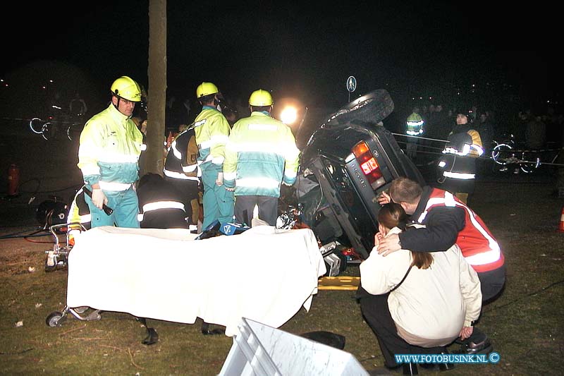 01011303.jpg - DE LOCOM :H.I.Ambacht:13-01-2001:AANRIJDING MET BEKNELLINGHENDRIK- IDO-AMBACHT - Een auto met twee inzittenden is zaterdagavond 13 januari op de Antoniuslaan tegen een boom gebotst. Rond 19.20 uur verloor de bestuurder door onbekende oorzaak de macht over het stuur en botste hij frontaal tegen een boom. Hierdoor brak de boom af. Het voertuig gleed door over het afgebroken deel, kantelde en kwam op zijn dak terecht. De twee slachtoffers raakten bekneld in de auto. De brandweer kon na ruim drie kwartier de 16-jarige jongen uit Hendrik-Ido-Ambacht bevrijden. Hij is met een beenfractuur overgebracht naar het Utrechts Medisch Centrum. Pas na twee uur kon het tweede slachtoffer, een 19-jarige inwoner van Hendrik-Ido-Ambacht, uit de auto worden gehaald. Hij is met beenfracturen opgenomen in het Ziekenhuis Dijkzigt in Rotterdam. De politie onderzoekt de oorzaak van het ongeval.Deze digitale foto blijft eigendom van FOTOPERSBURO BUSINK. Wij hanteren de voorwaarden van het N.V.F. en N.V.J. Gebruik van deze foto impliceert dat u bekend bent  en akkoord gaat met deze voorwaarden bij publicatie.EB/ETIENNE BUSINK