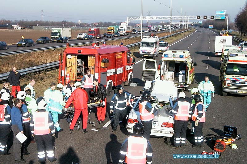 01011601.jpg - WFA :Dordrecht:16-01-2001:Aanrijding tussen taxi en vrachtwagenVanmiddag vond omstreeks 12.30 uur op de A16 ter hoogte van 's-Gravendeel een ongeluk plaats tussen een taxi en een vrachtwagen. Hierbij raakten 2 personen zwaargewond en twee personen lichtgewond.  De taxi, die op de middenbaan reed, week uit, waarschijnlijk voor een andere vrachtwagen. waardoor de chauffeur van de taxi de macht over het stuur verloor. Daarop raakte de taxi onder het hellende gedeelte van de vrachtwagen die op de rechterrijbaan reed.  De taxi was vanuit Heerlen op weg naar het Albert Schweitzer Ziekenhuis te Dordrecht.  De taxichauffeur kwam er met de schrik vanaf en was nog goed aanspreekbaar. De inzittende naast de bestuurder liep aangezichtpijn op door glas. Hij is naar het Refaja ziekenhuis gebracht. Zijn echtgenote, die achterin de taxi zat liep blauwe plekken op. Twee zussen, die tevens achter in de taxi zaten raakten ernstig gewond.  Zij moesten door de Brandweer uit de auto geknipt worden. De ene zus had rugklachten en hoofdletsel en werd naar het Merwedeziekenhuis gebracht. De andere zus raakte in shocktoestand en werd met hoofd en nekletsel naar het Dijkzicht ziekenhuis gebracht. Haar toestand is slecht.De vrachtwagenchauffeur uit Dordrecht liep geen verwondingen of schade op en heeft eerste hulp aangeboden. De A16 is ongeveer 2 uur afgesloten geweest. Er ontstond een behoorlijke file. Door Rijkswaterstaat werd het verkeer ter hoogte van Zonzeel omgeleid. De politie is op zoek naar de Belgische vrachtwagenchauffeur die eventueel een rol heeft gespeeld bij het ongeluk. Ook zet de politie een sporenonderzoek in naar de ware toedracht van het ongeluk.  Op de andere rijstrook vond in tegengestelde richting een aanrijding plaats Deze digitale foto blijft eigendom van FOTOPERSBURO BUSINK. Wij hanteren de voorwaarden van het N.V.F. en N.V.J. Gebruik van deze foto impliceert dat u bekend bent  en akkoord gaat met deze voorwaarden bij publicatie.EB/ETIENNE BUSINK