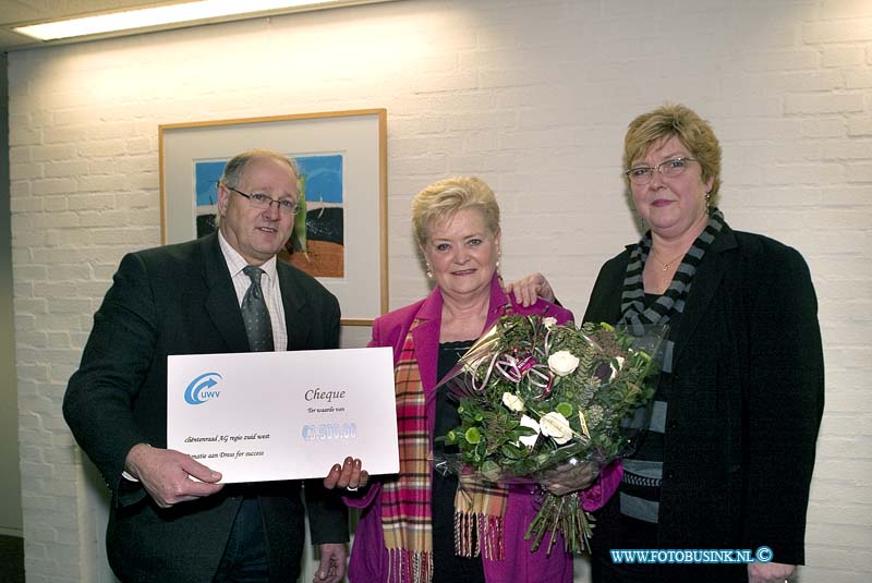 08121801.jpg - FOTOOPDRACHT:Dordrecht:18-12-2008:overhandigt Jan de Wit, voorzitter van de regionale cliëntenraad Arbeidsgeschiktheid UWV Zuid-West, een bedrag van 3.500 aan Ria Klaassens, initiator van Dress for Success Nederland. De overhandiging vindt plaats in het UWV-kantoor, Van Godewijckstraat 17 in Dordrecht Deze digitale foto blijft eigendom van FOTOPERSBURO BUSINK. Wij hanteren de voorwaarden van het N.V.F. en N.V.J. Gebruik van deze foto impliceert dat u bekend bent  en akkoord gaat met deze voorwaarden bij publicatie.EB/ETIENNE BUSINK