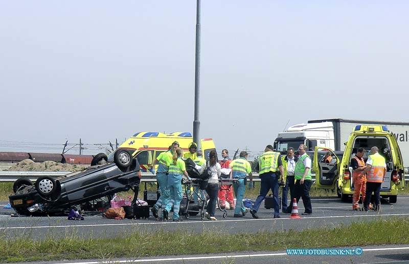 11050603.jpg - FOTOOPDRACHT:papendrecht:06-05-2011:Vrouw komt om bij ernstig ongeval A15SLIEDRECHT - Een 51-jarige vrouw uit Dordrecht is vrijdagmiddag 6 mei omgekomen bij een ernstig ongeval op de A15. De vrouw zat achterin een auto met achter het stuur een 25-jarige vrouw uit Dordrecht en als bijrijdster een 30-jarige vrouw (woonplaats onbekend). Het drietal reed in de richting van Gorinchem toen ter hoogte van de afrit de auto in de linkerberm terecht kwam en de bestuurster de macht over het stuur verloor. De auto kwam tegen een vrachtwagen en sloeg daarna over de kop. De vrouw die achterin zat, raakte hierbij uit de auto en raakte zwaar gewond. Ambulance en politie kwamen direct ter plaatse om eerste hulp te verlenen. Met een traumahelikopter kwam ook het Mobiel Medisch Team ter plaatse om medische bijstand te verlenen. De vrouw is vervolgens met een spoedtransport per ambulance naar een ziekenhuis in Rotterdam gebracht. Daar overleed de vrouw diezelfde middag aan haar verwondingen. De bijrijdster raakte bij het ongeval eveneens gewond en is samen met de bestuurster van de auto, die enkele lichte verwondingen opliep, per ambulance naar het ziekenhuis gebracht. Het voertuig waar de vrouwen in zaten was zwaar beschadigd en moest worden weggetakeld. De vrachtwagen kon zijn weg vervolgen. Het ongeval is vermoedelijk ontstaan door plotselinge filevorming als gevolg van een kop-staart botsing even verderop op de A15. Daar botsten twee personenauto's op elkaar. De bestuurster van de voorste auto, een 24-jarige vrouw uit Schelluinen, raakte licht gewond en is per ambulance ter controle naar het ziekenhuis gebracht. De bestuurder van de achterste auto, een 73-jarige man uit Papendrecht, is ter plaatse door ambulancepersoneel onderzocht. Beide voertuigen moesten worden getakeld.Deze digitale foto blijft eigendom van FOTOPERSBURO BUSINK. Wij hanteren de voorwaarden van het N.V.F. en N.V.J. Gebruik van deze foto impliceert dat u bekend bent  en akkoord gaat met deze voorwaarden bij pub