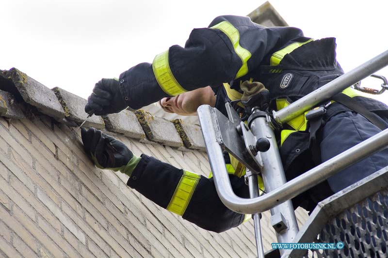 11071107.jpg - FOTOOPDRACHT:Dordrecht:11-07-2011:De brandweer heeft een nog jong vogeltje dat tussen de dakpannen nabij de schoorsteen zat van de woning aan de Joke Smiterf gered. De brandweerman ging met een hoogwerker het hoge dak op en kon naveel geduld het vogeltje redden, eenmaal beneden ontdekte de brandweermannen dat het nog jonge vogeltje door een vislijn verstrikt was geraakt, en maakte het vogeltje vrij van de vislijn. De dieren ambulance heeft zich later over het vogeltje ontfermt.Deze digitale foto blijft eigendom van FOTOPERSBURO BUSINK. Wij hanteren de voorwaarden van het N.V.F. en N.V.J. Gebruik van deze foto impliceert dat u bekend bent  en akkoord gaat met deze voorwaarden bij publicatie.EB/ETIENNE BUSINK