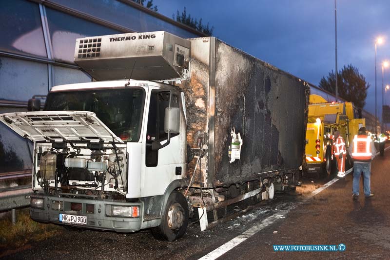 11101001.jpg - FOTOOPDRACHT:Hardinxveld-Giessendam:10-10-2011:De A15 is dicht na een brand in een vrachtwagen met bier geladen., de in brand staan de vrachtwagen stond bij Hardinxveld-Giessendam. De weg is daarom dicht bij Gorinchem in de richting Rotterdam. Op de A15 staat inmiddels een enorme file. Hoe de vrachtwagen in brand kon vliegen, is niet bekend. hett vuur brak waarschijnlijk uit bij één van de achterwielen.Deze digitale foto blijft eigendom van FOTOPERSBURO BUSINK. Wij hanteren de voorwaarden van het N.V.F. en N.V.J. Gebruik van deze foto impliceert dat u bekend bent  en akkoord gaat met deze voorwaarden bij publicatie.EB/ETIENNE BUSINK