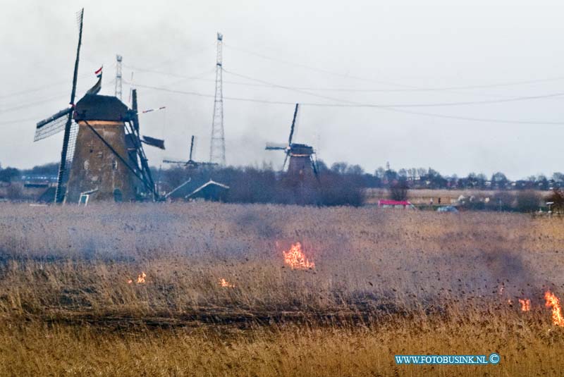 13030507.jpg - FOTOOPDRACHT:Kinderdijk:05-03-2013:Bij een mogelijk door jeugd aangestoken Riet brand bij de molens van kinderdijk te Alblasserdam is door de grote brand die er voort kwam veel riet verloren gegaan. De molens liepen door snel optreden van de brandweer geen gevaar. Maar de brandlieden zijn wel uren bezig geweest met veel brandweer matrieel om de brand onder controle te krijgen. Door het moeilijk bereikbaar zijn van de vele brandhaarden.Deze digitale foto blijft eigendom van FOTOPERSBURO BUSINK. Wij hanteren de voorwaarden van het N.V.F. en N.V.J. Gebruik van deze foto impliceert dat u bekend bent  en akkoord gaat met deze voorwaarden bij publicatie.EB/ETIENNE BUSINK